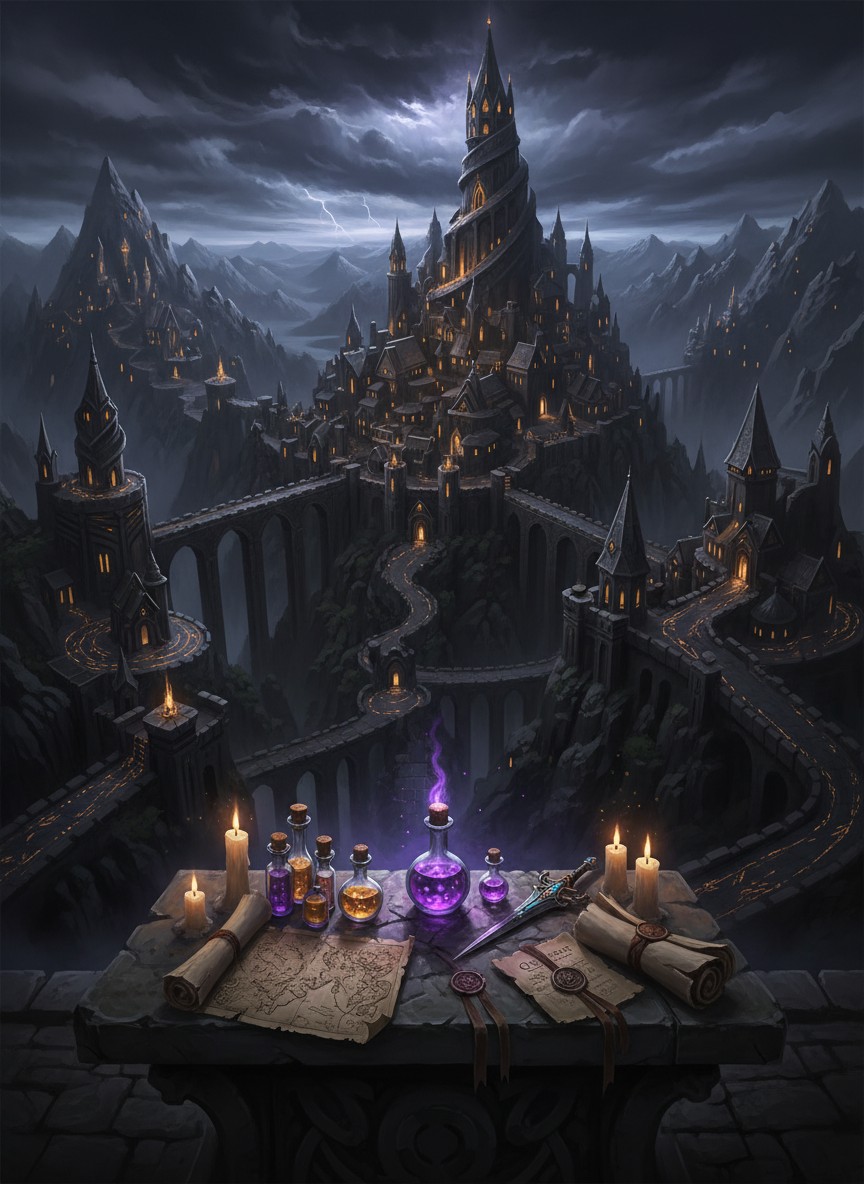 A table with quest items overseeing the dark world of Eldermoor.