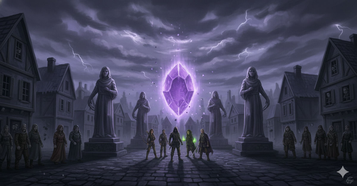 Eldermoor has rebuilt but the Purple Gem's light is cold and uninviting, citizens walking past with averted eyes, the founders' statues standing untouched but unvisited.