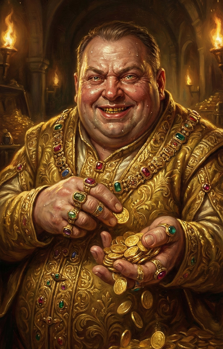 A corpulent merchant in cloth-of-gold robes, his ring-covered fingers clutching gold coins while desperate, greedy eyes betray his moral bankruptcy.