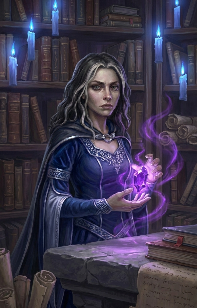 A striking woman in midnight blue robes with silver-threaded hair and knowing, sad eyes that hold terrible secrets.