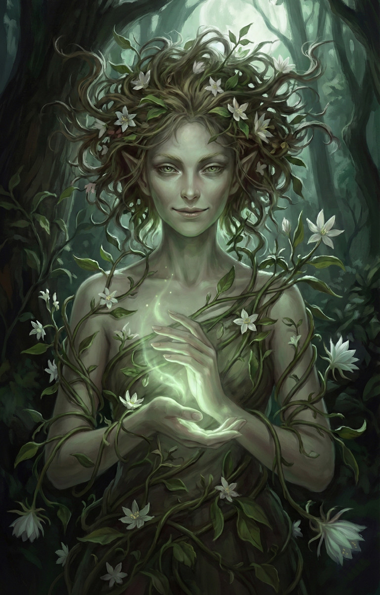 A serene elven woman wrapped in living vines, with flowers blooming around her and ancient, knowing eyes that hold both gentleness and hidden steel.