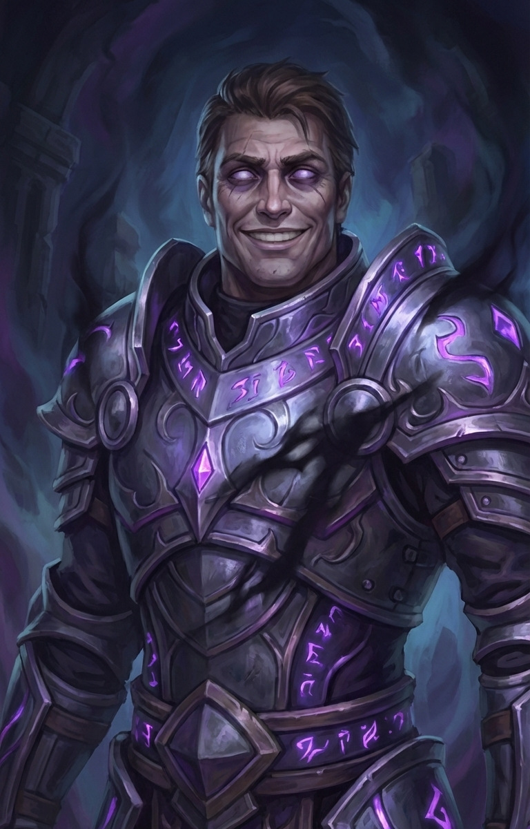 A powerful armored warrior with hollow, empty eyes and a too-wide smile that hints at something inhuman beneath the surface.