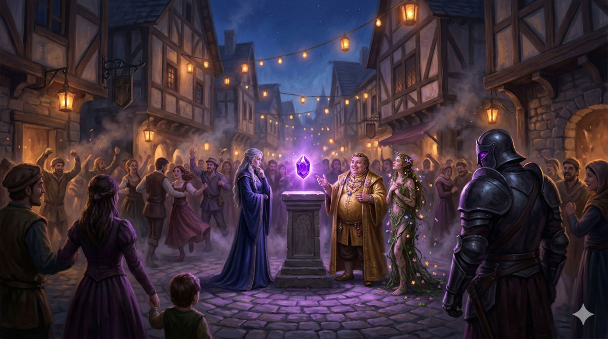 Four founders gather around a glowing purple gem in a lantern-lit medieval town square during a grand celebration.