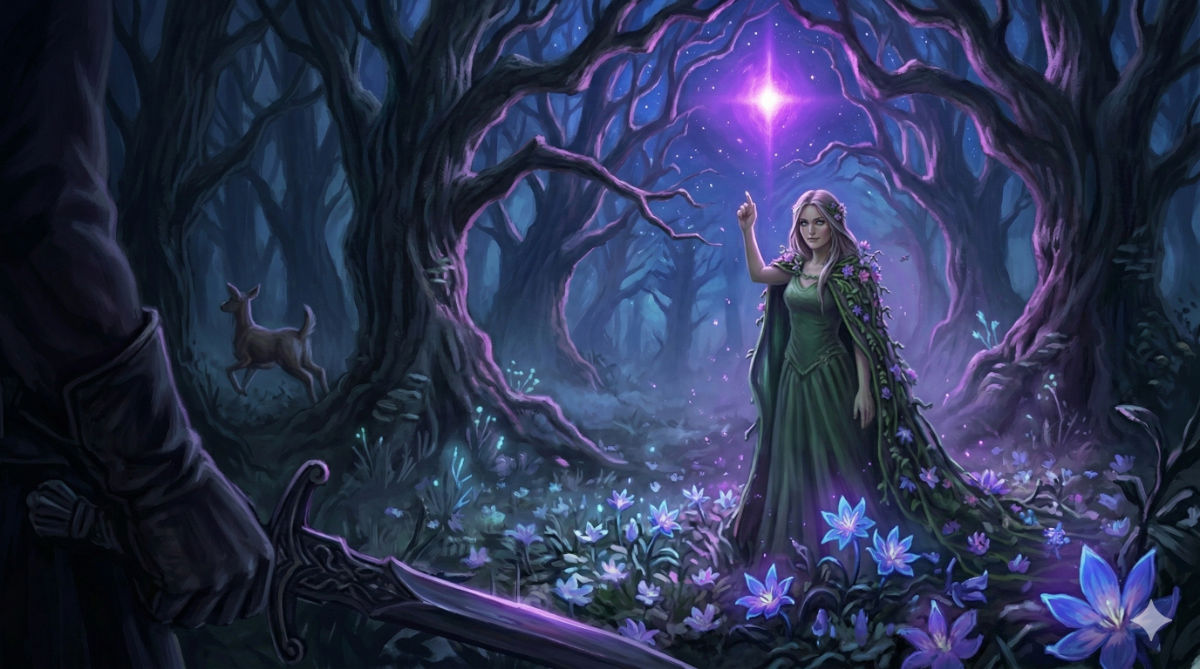 A serene woman with a secret smile raises her hand toward the sky as a purple gem pulses in the distance and a blade is drawn before her.