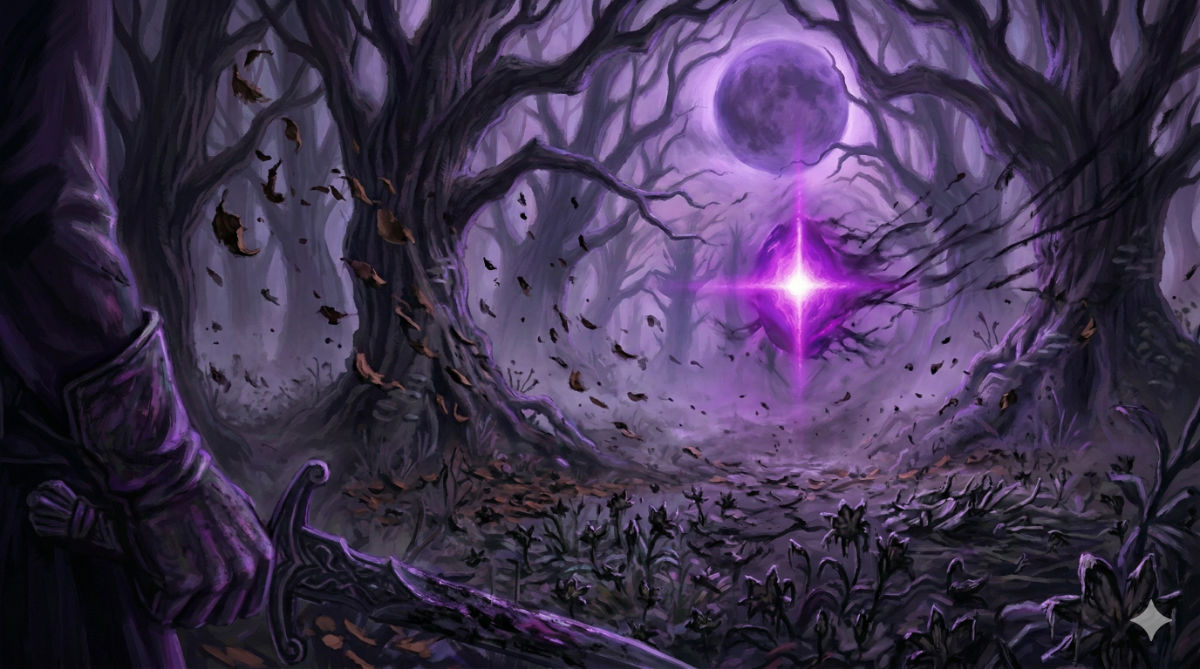 A sacred grove withers and dies as flowers blacken, leaves fall, and the moon shifts from silver to bruising purple.