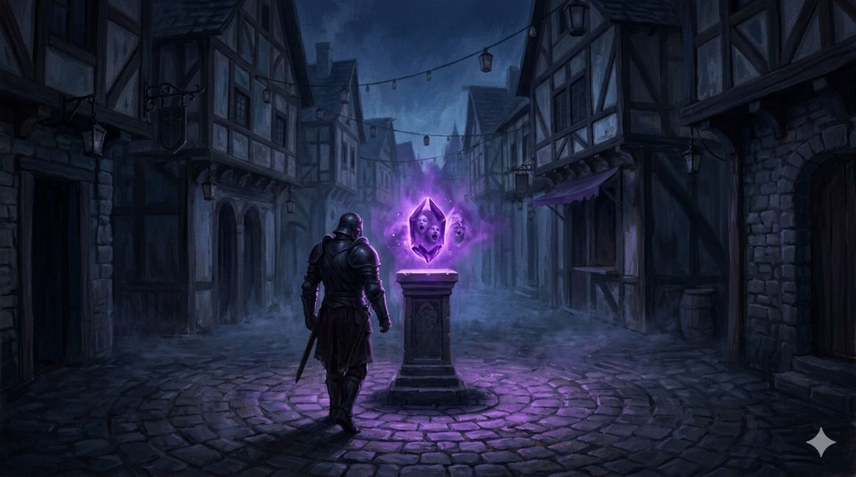 A lone figure approaches a pulsing purple gem on a pedestal in an empty, dark town square as ghostly faces swirl within the crystal.