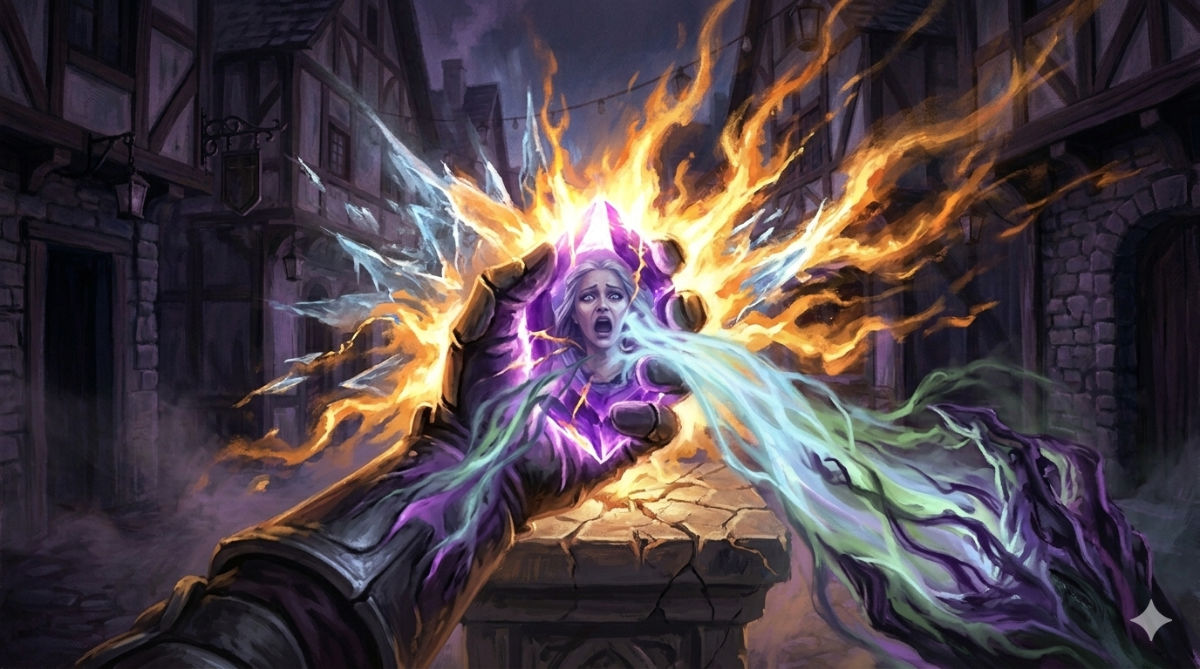 A hand grips a blazing purple gem as violent energy tears through the air and a ghostly soul is pulled from the body.