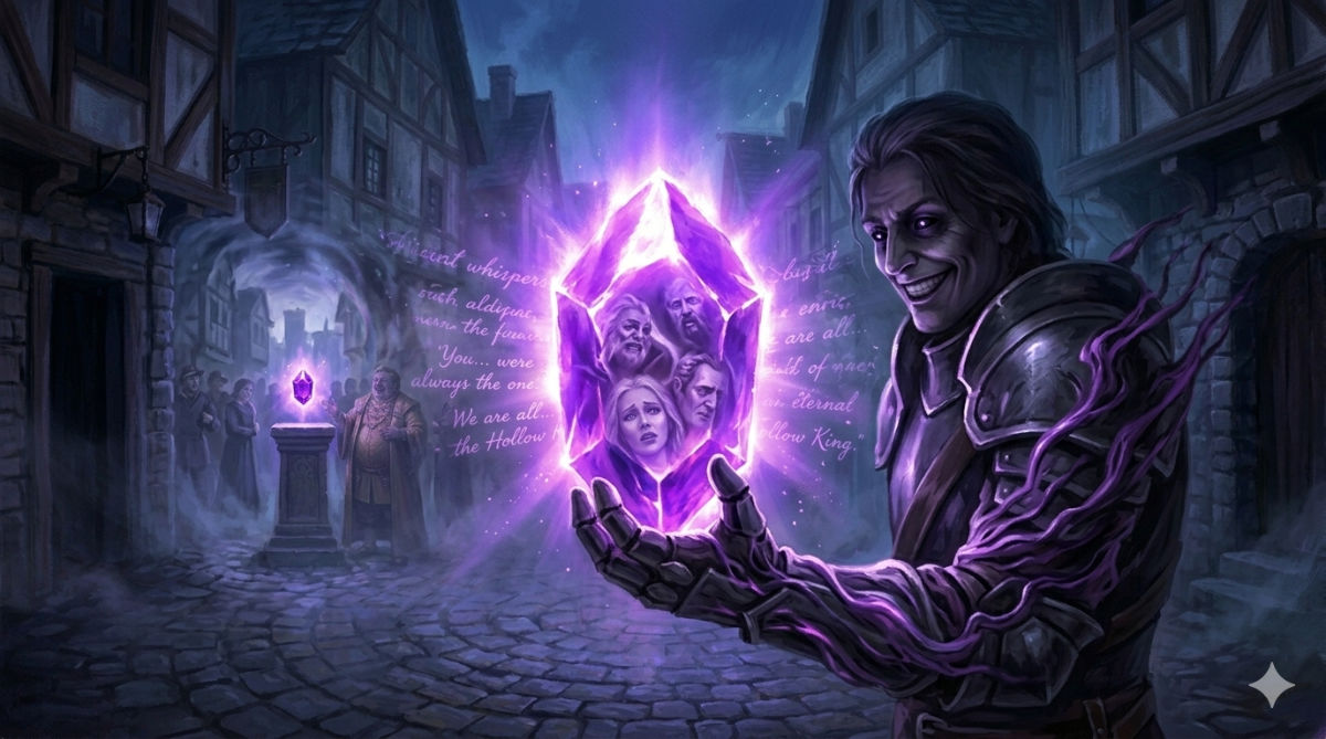 A figure with hollow eyes and an empty smile stands before a blinding purple gem as trapped faces swirl within and visions of the future flicker behind.