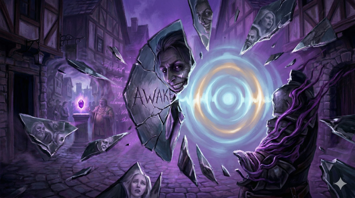 Reality shatters like a mirror as shards of memory spin into purple void, with concentric pulses of light suggesting a child's heartbeat.