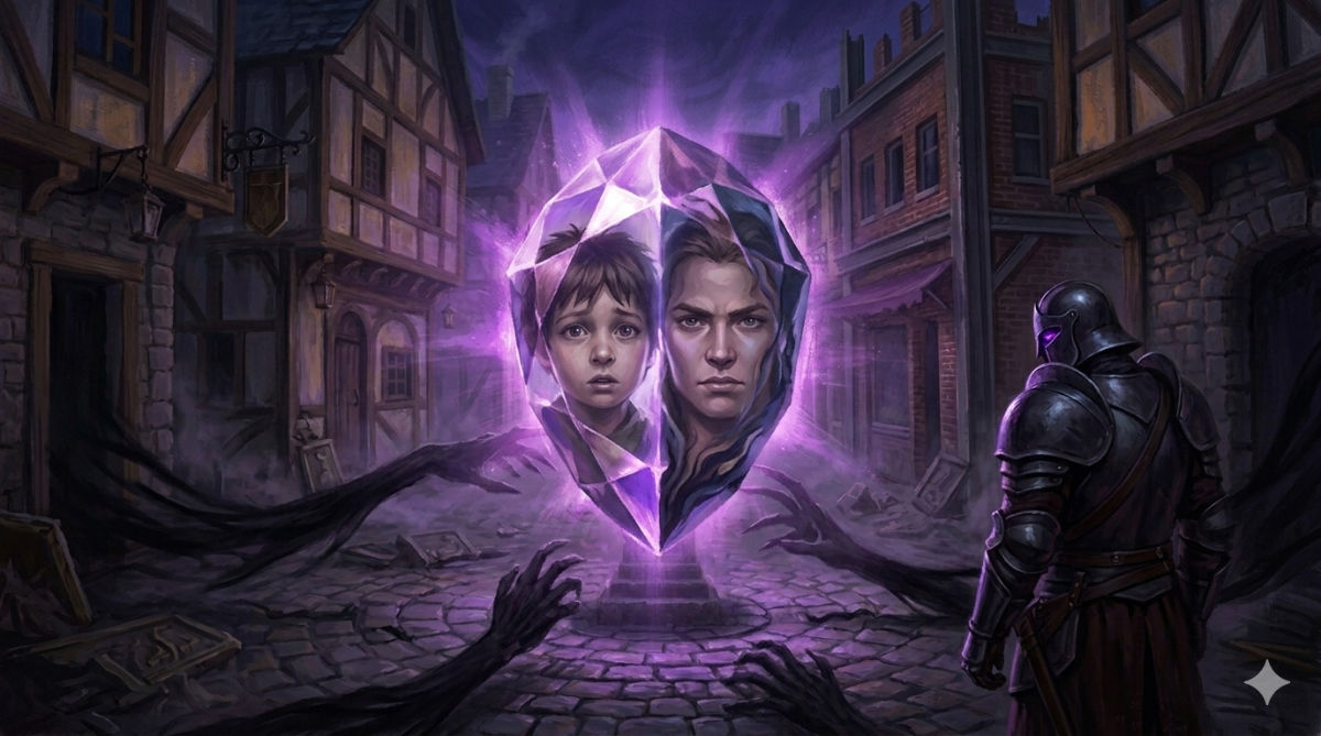 A child's frightened face reflects in a dying gem's surface, then transforms into the face of a warrior as shadows rush in.