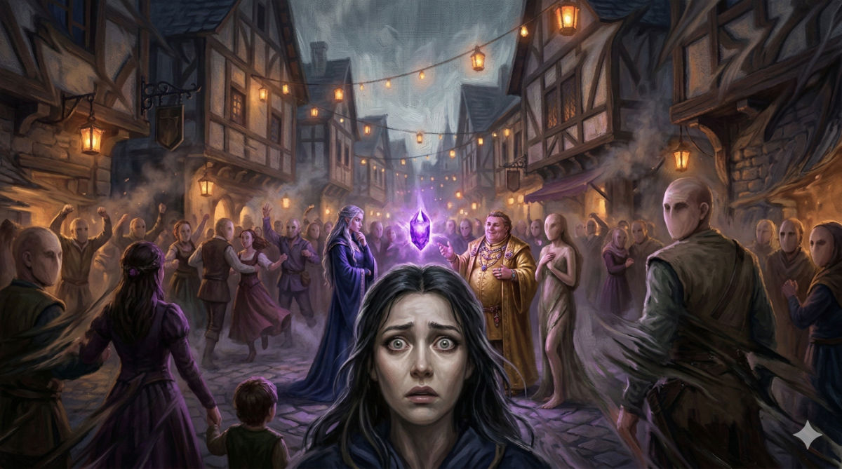 A terrified woman in blue robes stands among a crowd of faceless figures as a purple gem flickers ominously behind her.