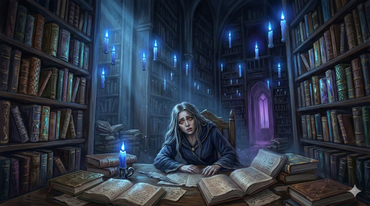 A disheveled woman with hollow eyes sits at a table in a vast magical library, surrounded by floating blue-flamed candles.