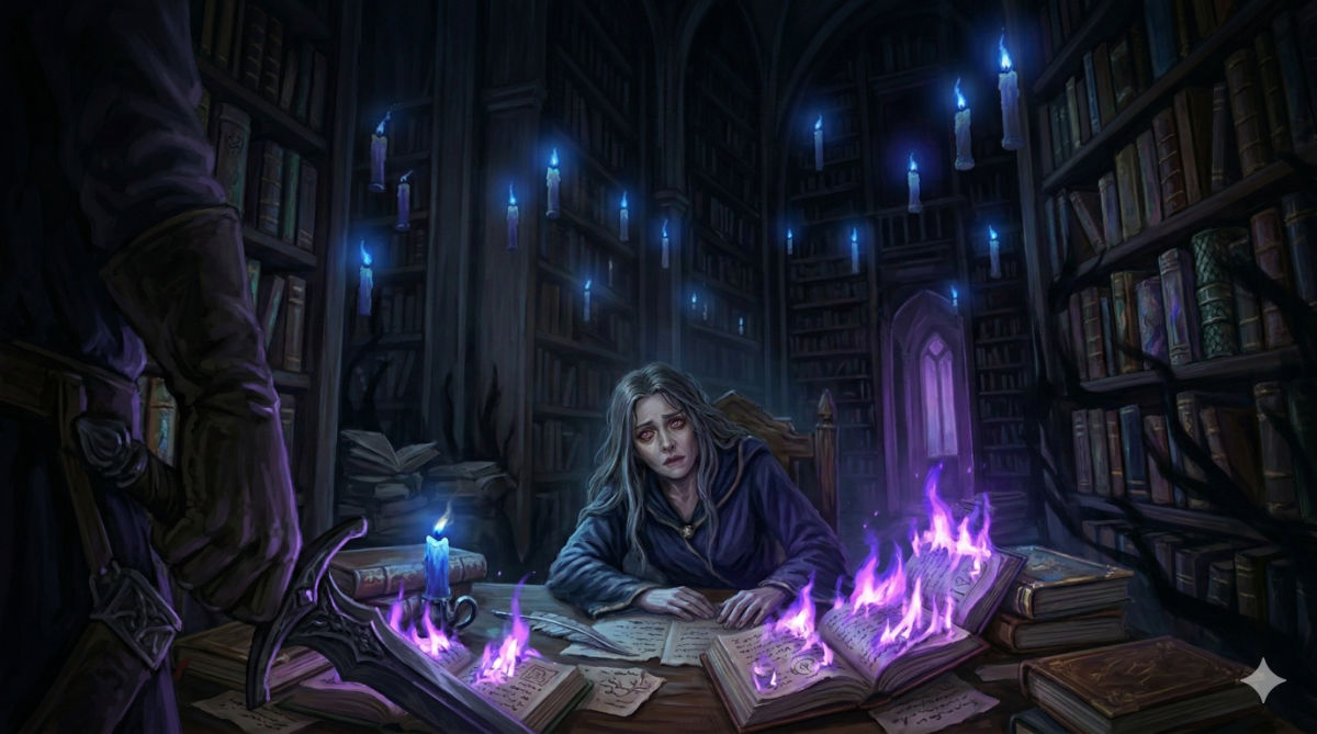 A hand rests on a partially drawn blade as floating candles die one by one, while a calm woman sits unflinching in the darkened library.