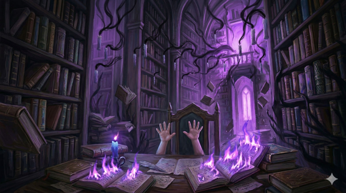 Small child's hands reach out as the library fractures and dissolves into purple light around them.