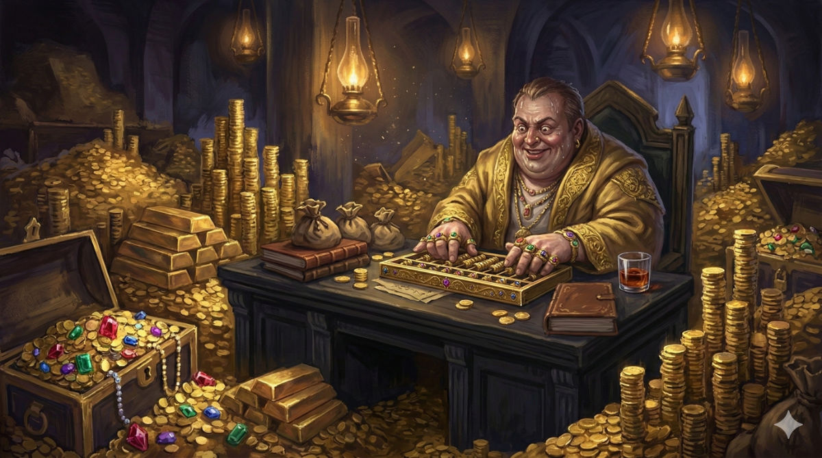 A corpulent man covered in rings works an abacus behind a desk in a room overflowing with gold coins, ingots, and gems.