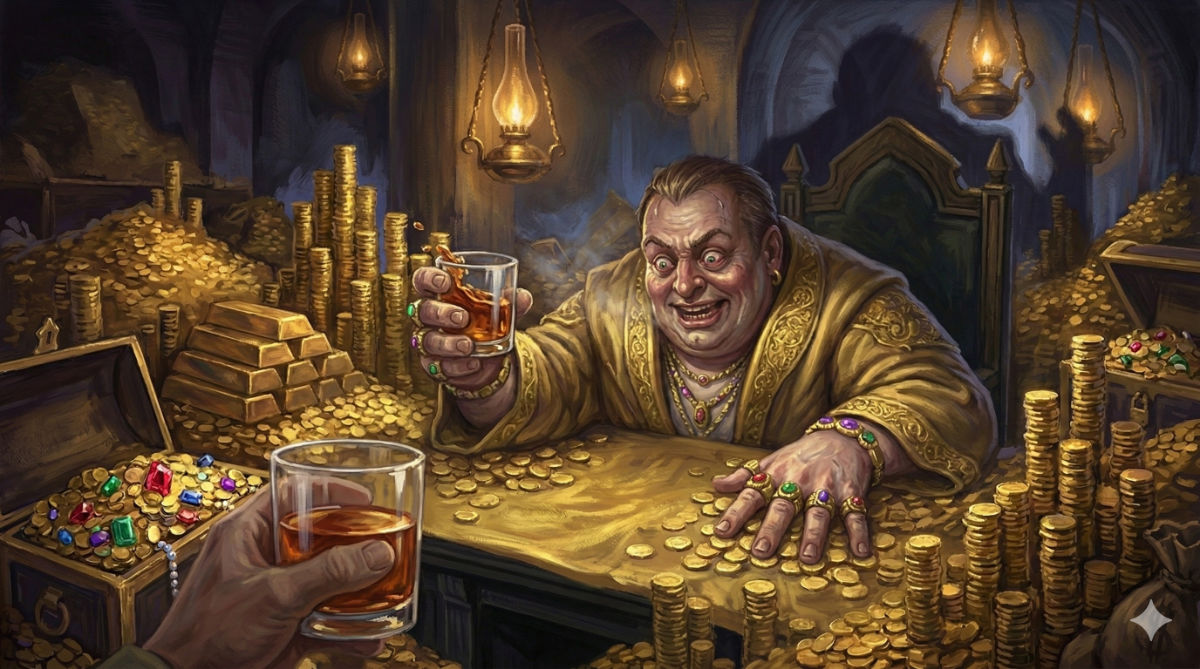 A desperate, sweating merchant holds up a glass in toast across a gold-covered desk, his shadow looming large against wealth-lined walls.
