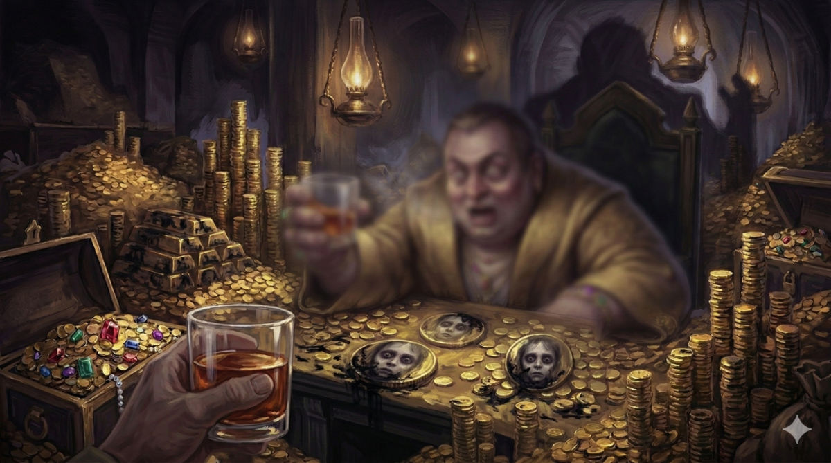 A child's haunting face reflects in tarnishing gold coins while a merchant speaks obliviously in the blurred background.