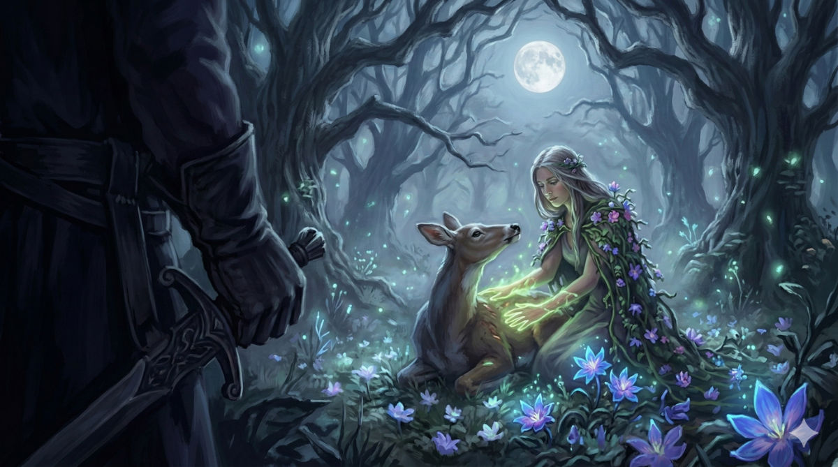 A gentle woman kneels beside a wounded deer in a moonlit grove of ancient oaks, her hands glowing with soft green healing light.