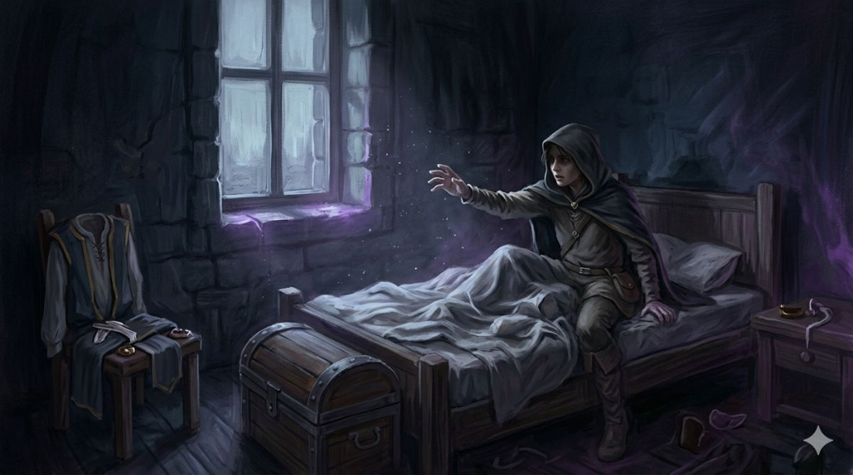 A young person gasps awake in a small bed, purple light fading from the room as dawn light creeps through a narrow window.