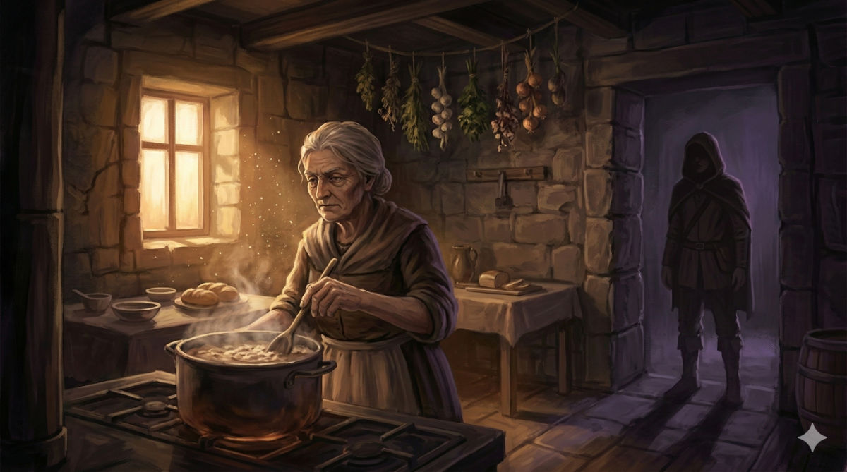 An elderly woman with knowing eyes stirs porridge in a warm stone kitchen, morning light catching dust motes in the air.