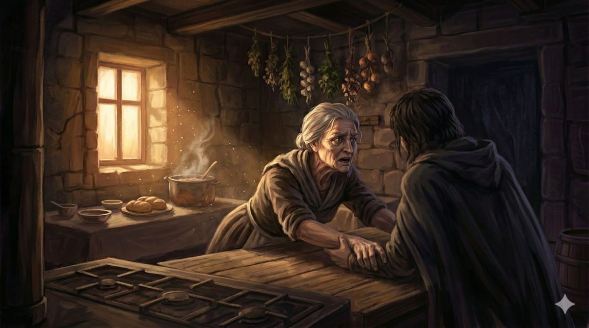 An elderly woman grips a young person's hands across a kitchen table, her careful composure cracking to reveal fear and urgency in her eyes.