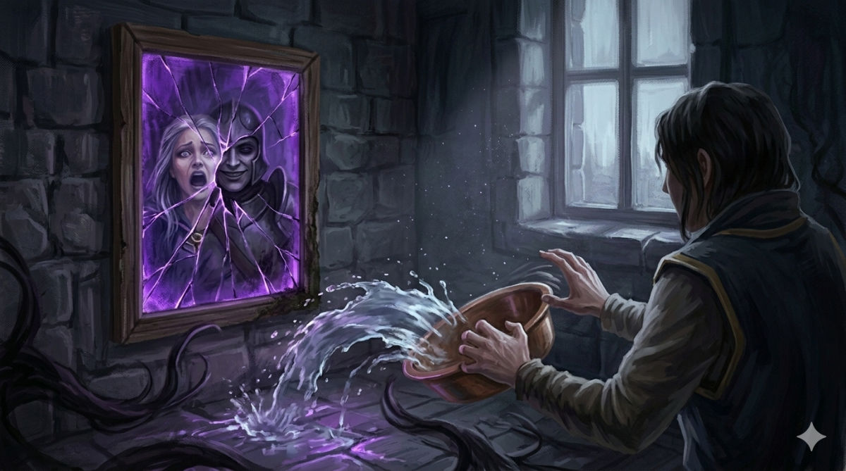 A young person stumbles back from a cracked mirror as purple light cracks and splinters within the glass, a man's armored silhouette fading from the reflection.