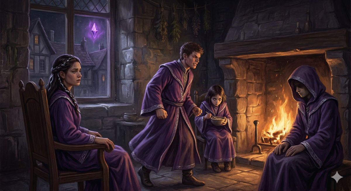 Four young people in ceremonial purple robes sit uneasily in a common room, their faces reflecting a mixture of excitement and dread.