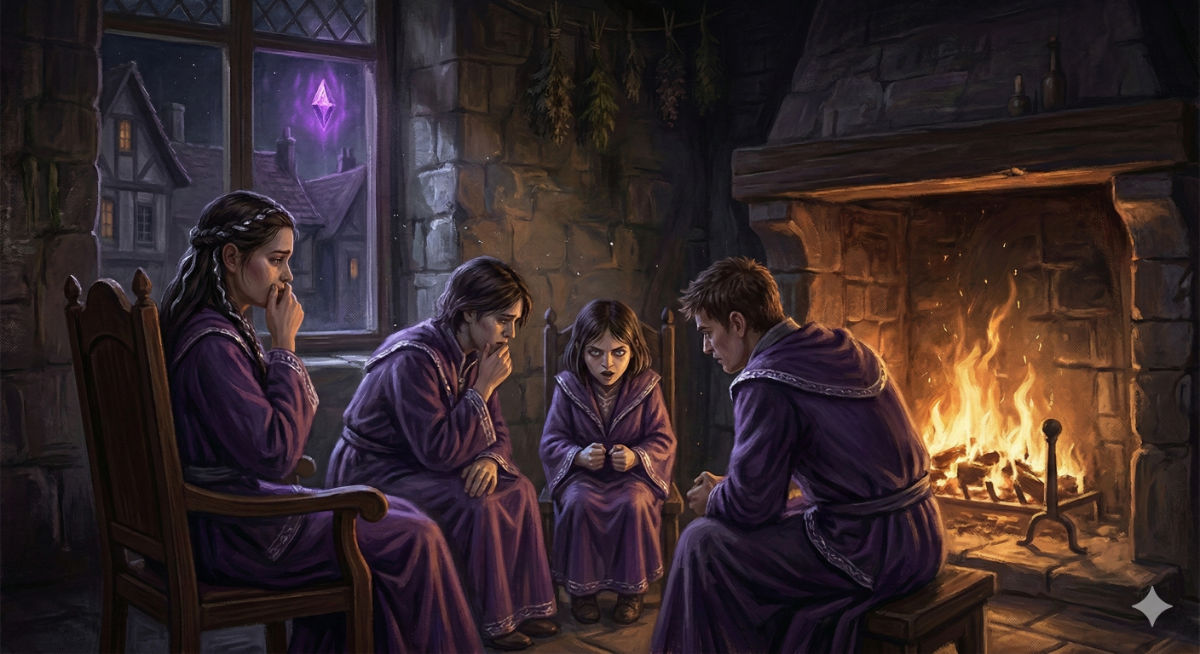 Four young people in purple robes huddle close in a firelit common room as a small, sharp-eyed girl speaks with quiet intensity about a vision of the gem cracking.