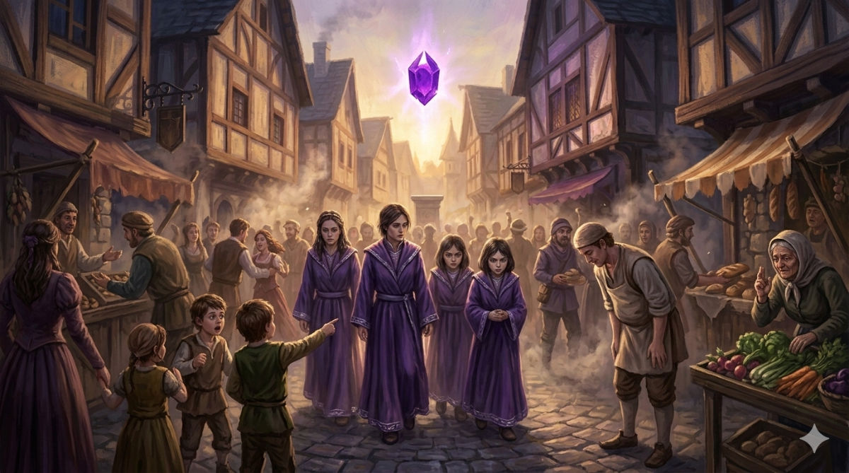 Four young people in purple robes walk through a medieval city at dawn as citizens bow and wave, the Purple Gem towering in the distance.