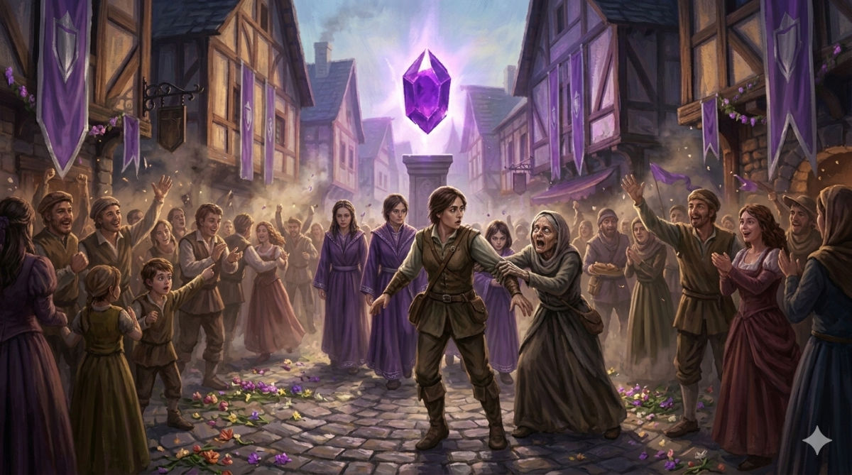 An old woman with milky, unseeing eyes grips a young person's sleeve on a banner-lined ceremonial avenue, her mouth open in desperate warning as citizens celebrate behind her.