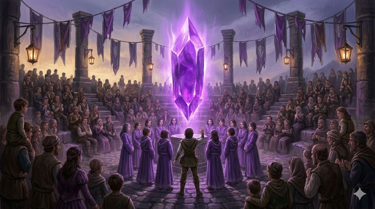 Hundreds gather in tiered seating around a massive purple crystal spire as dozens of young people in purple robes form a circle at its base.