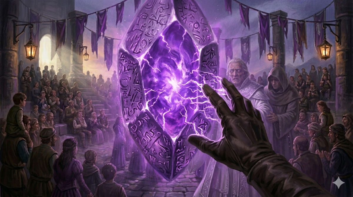 A hand reaches toward the surface of the Purple Gem, which swirls with inner light and etched symbols, as violet energy arcs toward the outstretched fingers.