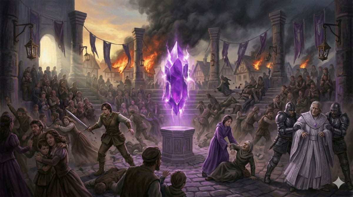 Citizens stampede through a ceremony ground as explosions rock the city, smoke billows over rooftops, and the Purple Gem flickers violently.