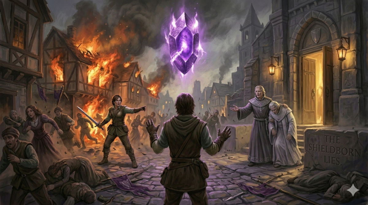The protagonist stands at a fork in smoke-filled streets, fire raging down one path and the temple's silhouette visible down the other, allies pulling in both directions.