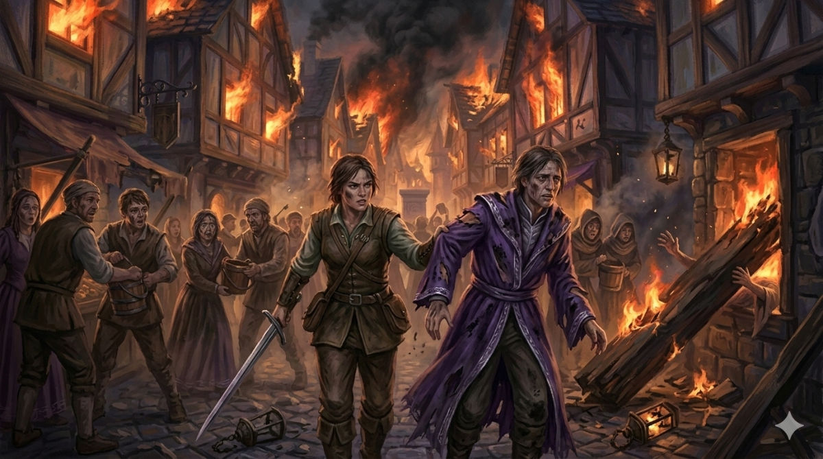 Two figures push through smoke-choked streets as buildings burn around them, one a young guard with soot-smeared face, the other the protagonist in ruined ceremonial purple.