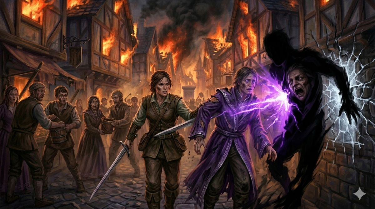 A void in the shape of a man detaches from a wall in a burning alley, radiating cold frost, while the protagonist's hand erupts with instinctive purple light.