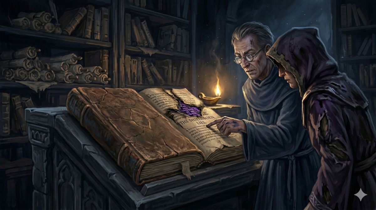 An ancient leather-bound book lies open on a reading desk, its pages dense with archaic text, one section torn and burned but painstakingly restored, a half-legible phrase glowing faintly.