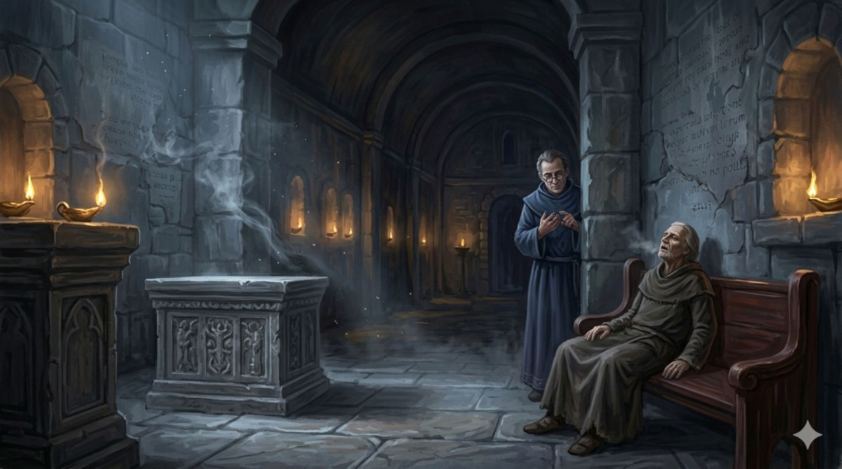 A cool, quiet temple interior with oil lamps in alcoves, an elderly Elder collapsed on a bench, and a scholar with ink-stained fingers emerging from the shadows.