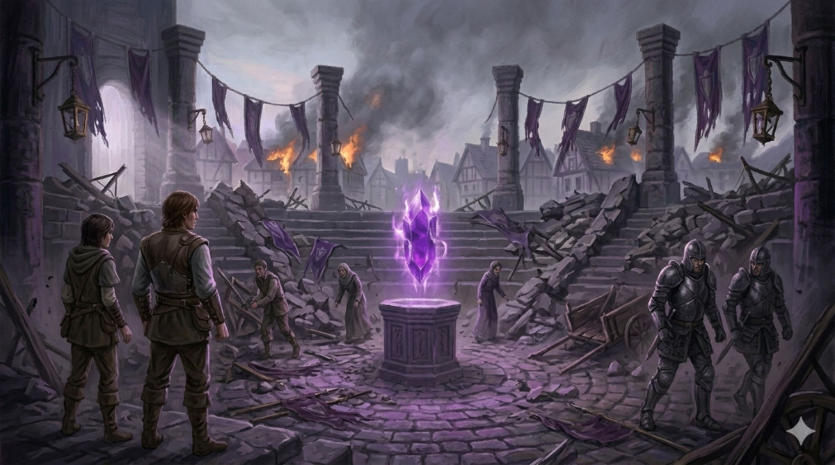 The ceremony grounds lie in ruins at dawn, scaffolding toppled, banners torn, the Purple Gem flickering weakly amid scattered debris.