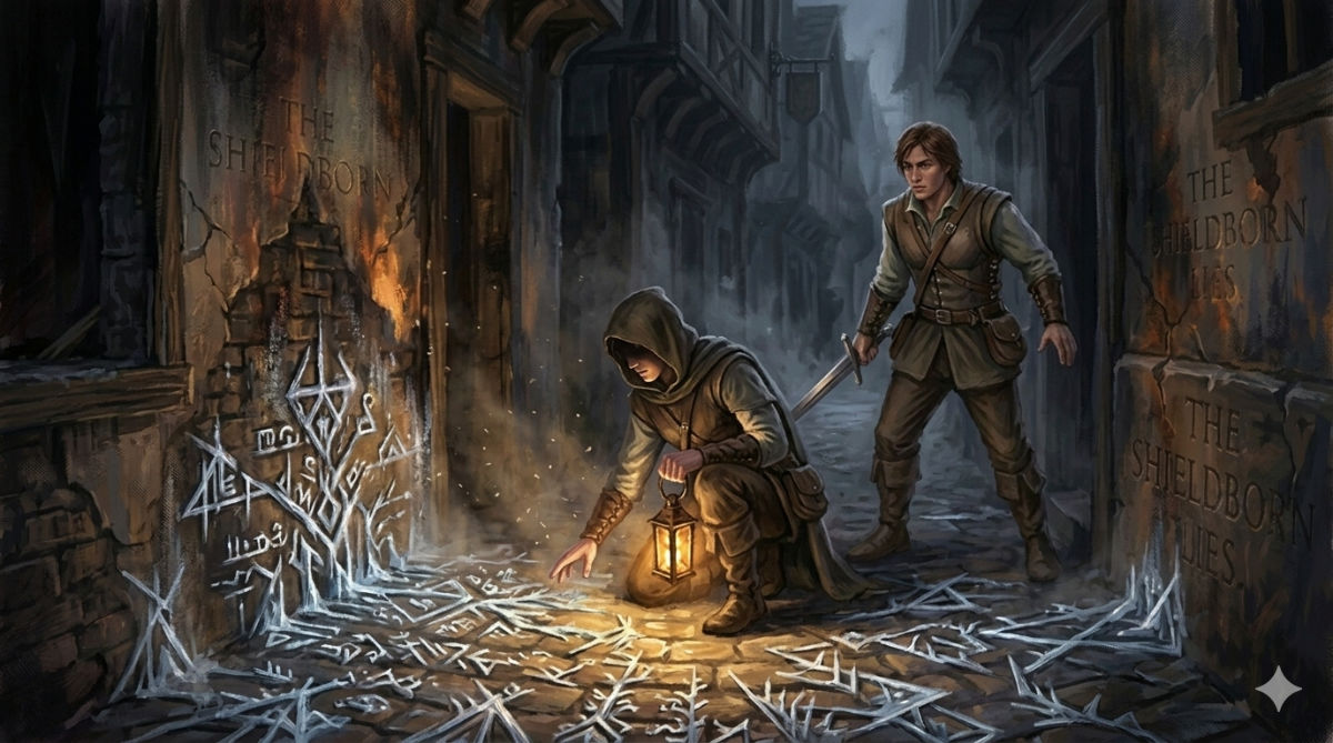 Frost patterns spread across scorched stone in an alley, forming unnatural geometric shapes, as an investigator holds a lantern over the anomaly.