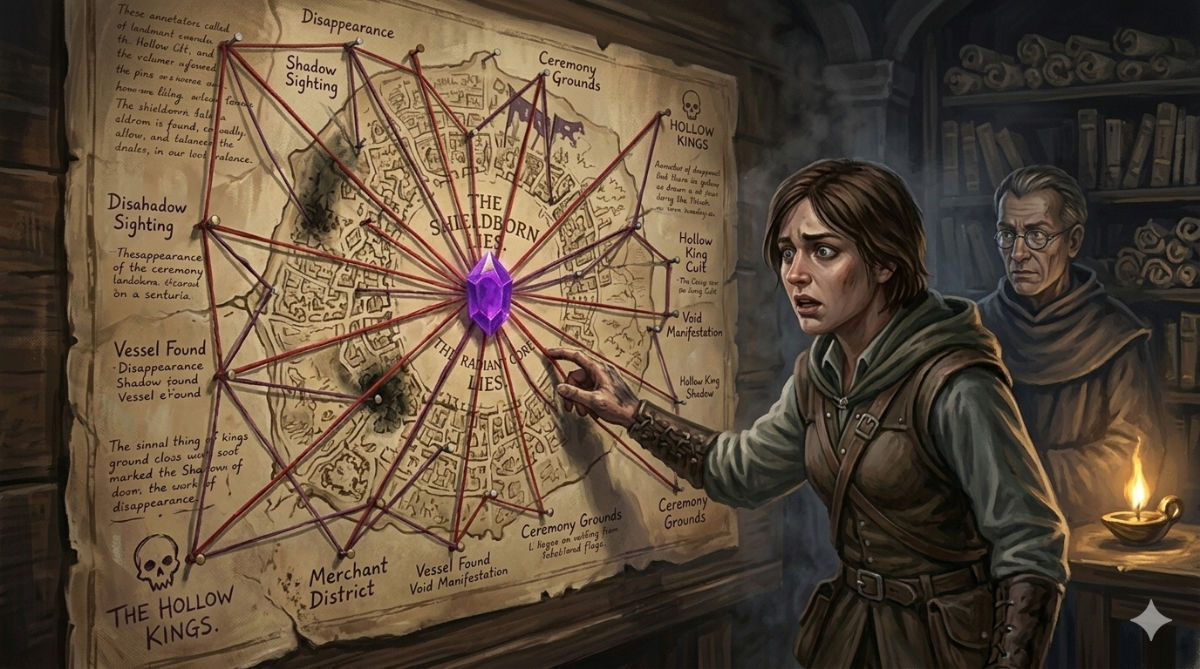 A large map of Eldermoor pinned to a wall, covered in red markings and connected threads showing a pattern of shadow activity radiating from the Purple Gem.