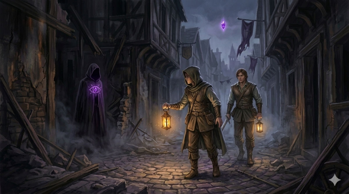 A hooded figure watches the protagonist from the shadows of a ruined building, their face hidden, a faint symbol glowing on their cloak.
