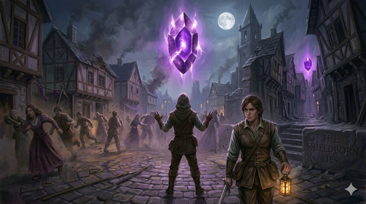 The protagonist stands at a junction in moonlit streets, one path leading toward the flickering gem in the town square, the other into the shadowed old quarter.