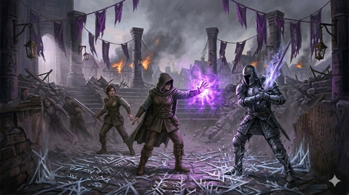 The protagonist faces a Hollow Knight in a narrow alley, purple light erupting from their hand as the armored shadow raises a frost-covered blade.