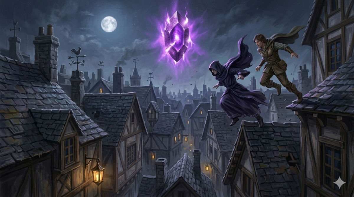 A cloaked figure leaps between rooftops above moonlit Eldermoor as the protagonist gives chase, the Purple Gem pulsing in the distance.