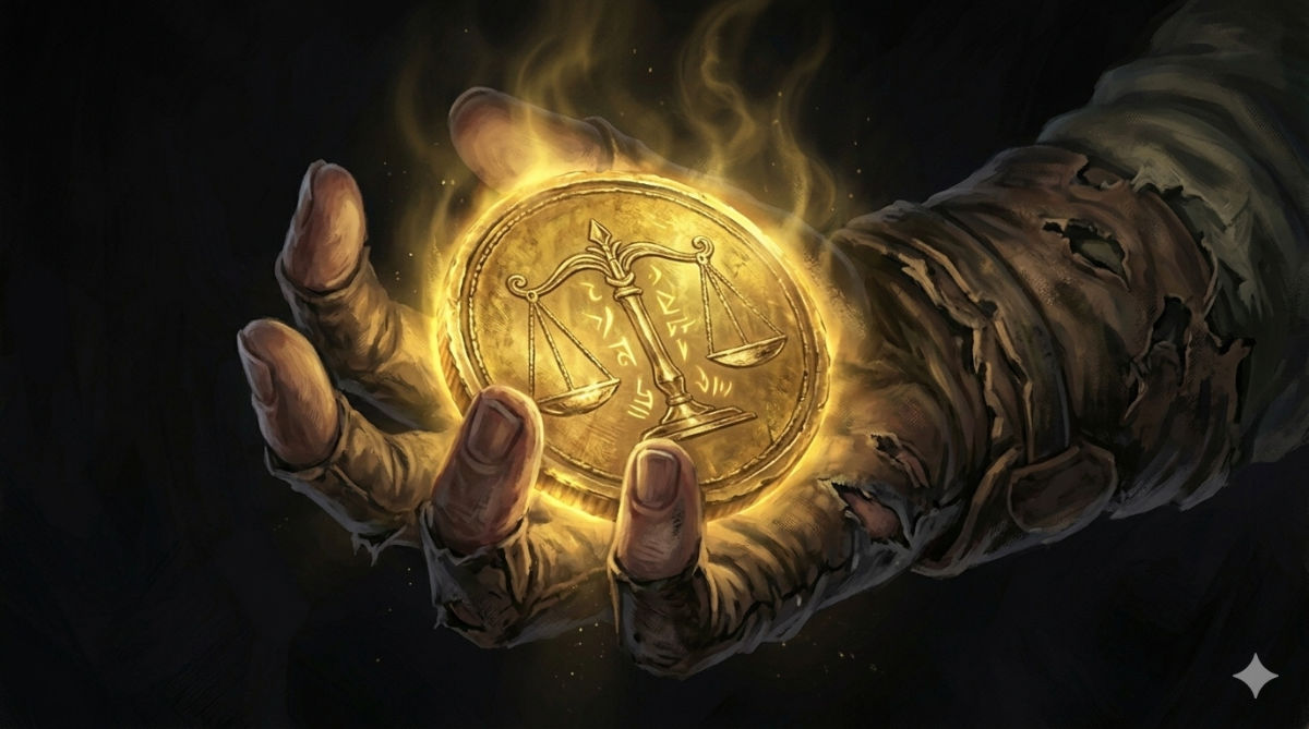 A golden coin lies in the protagonist's palm, its surface engraved with a scale motif, glowing with warm inner light as ghostly golden mist rises from it.