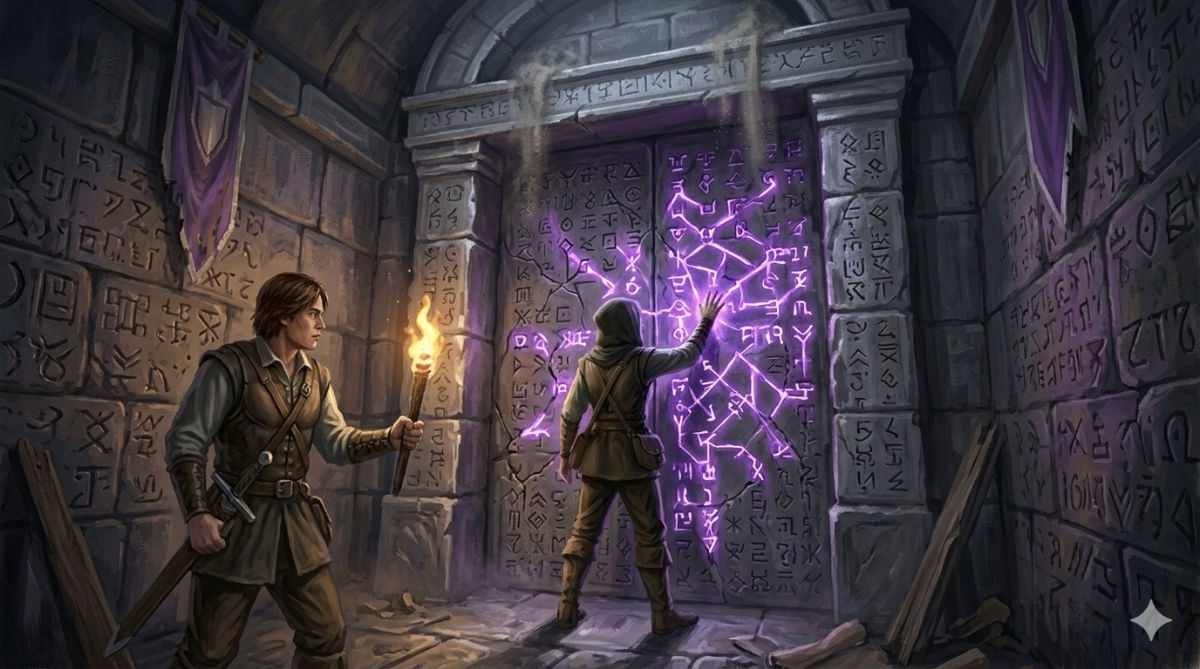 A massive stone door covered in ancient symbols glows faintly with protective purple light as the protagonist presses their hand against its surface.