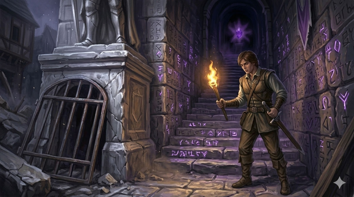 Stone stairs descend into darkness beneath a grate at the base of ancient statues, the walls carved with glowing symbols, torchlight barely penetrating the depths.