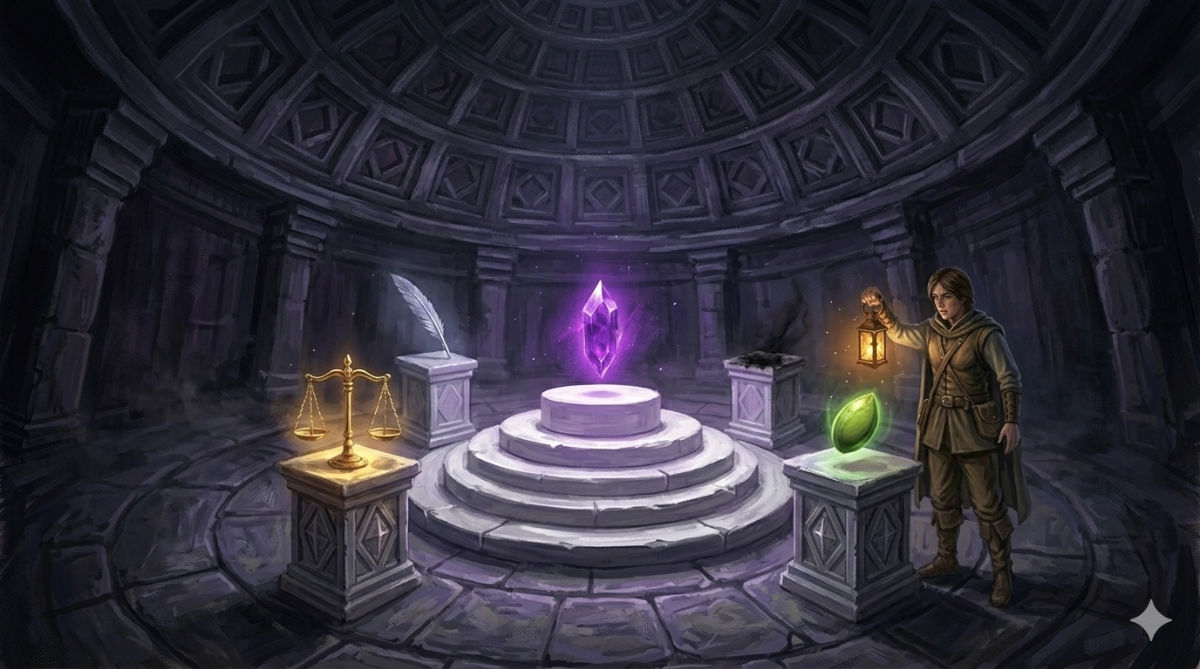 A circular chamber with a domed ceiling holds a white stone altar surrounded by four pedestals, three bearing glowing relics, the fourth scorched and empty. A crystal shard floats above.