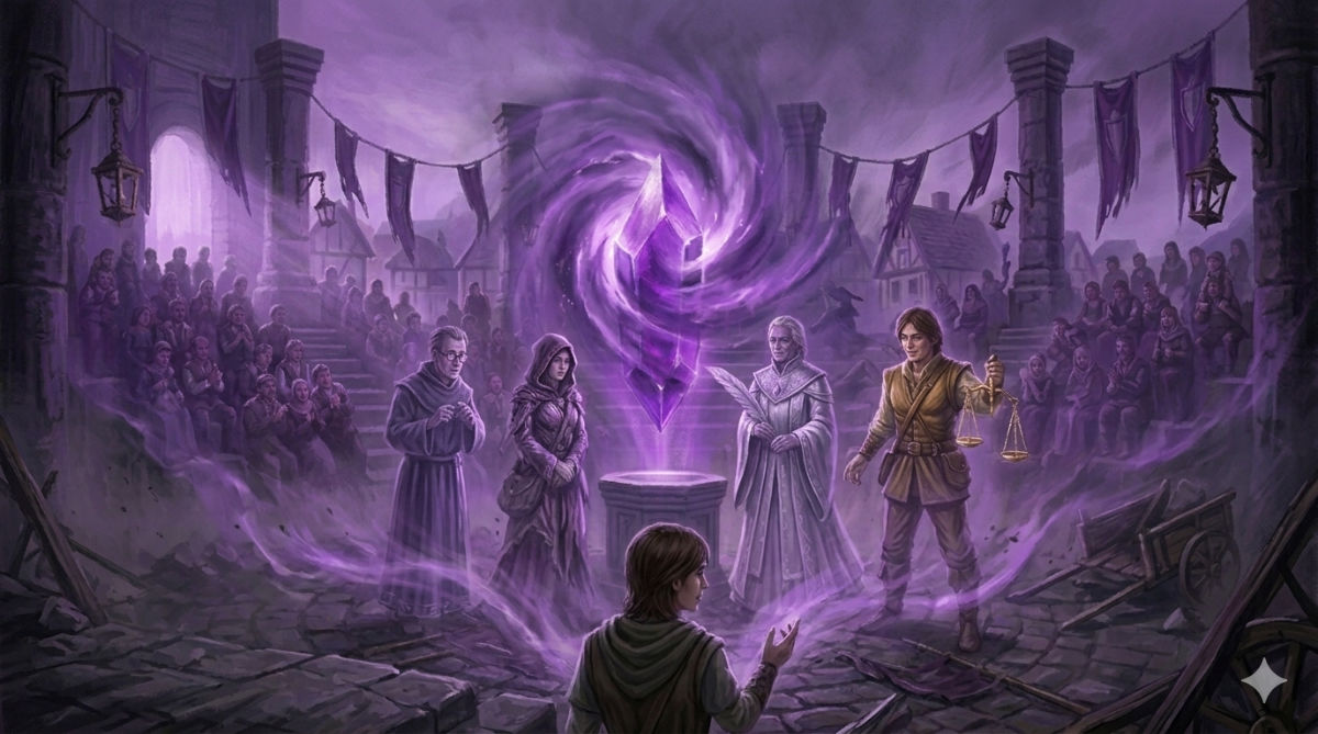 A ghostly vision shows four founders before the newly raised gem, their faces showing the full range of human complexity, seen from outside for the first time.